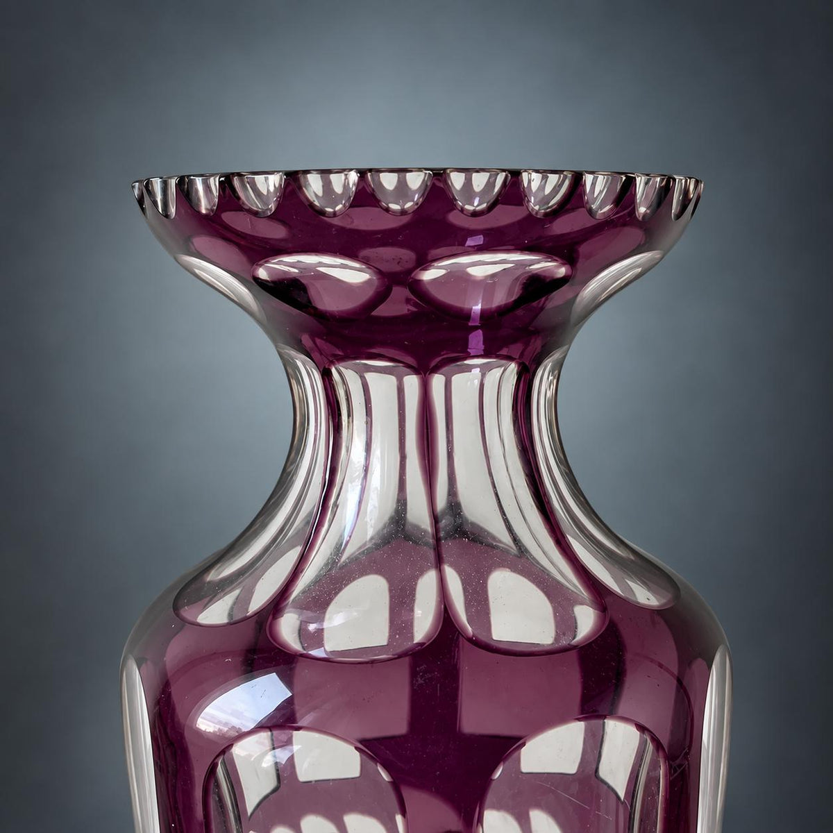 Amethyst Cut-to-Clear Glass Vase, Engraved Leaf Branch and Window Cuts, Sawtooth Rim, Bohemian Style, 26.5 cm