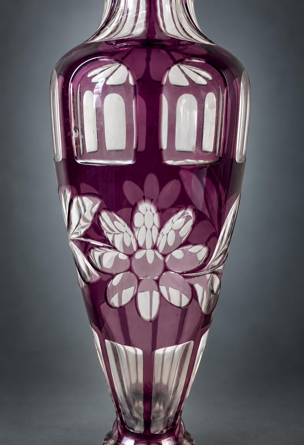 Amethyst Cut-to-Clear Glass Vase, Engraved Leaf Branch and Window Cuts, Sawtooth Rim, Bohemian Style, 26.5 cm