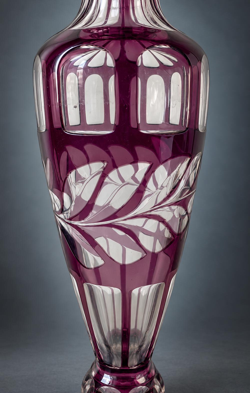 Amethyst Cut-to-Clear Glass Vase, Engraved Leaf Branch and Window Cuts, Sawtooth Rim, Bohemian Style, 26.5 cm