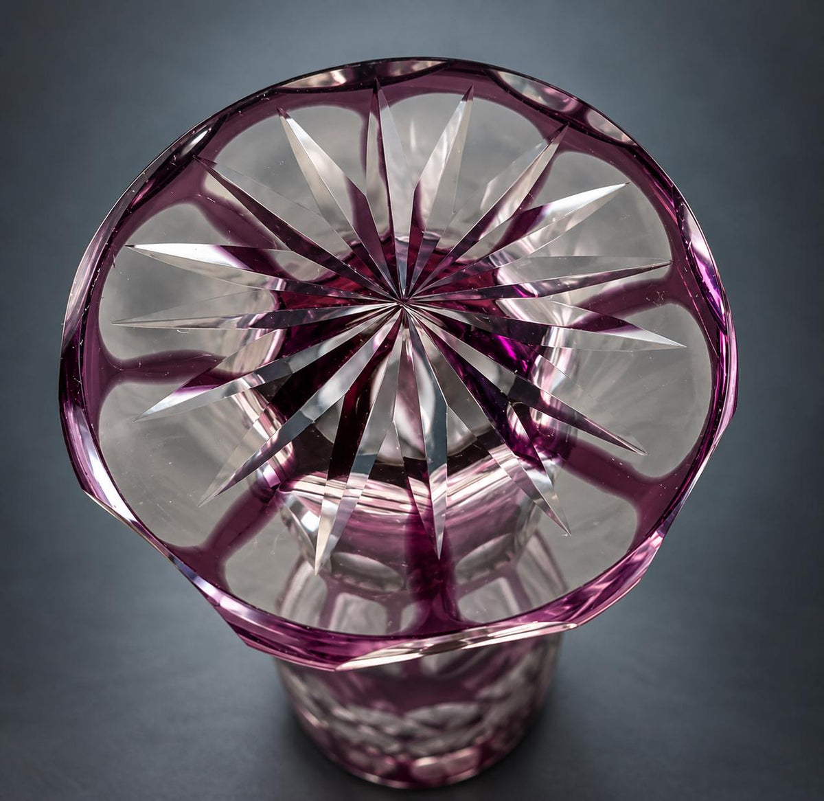 Amethyst Cut-to-Clear Glass Vase, Engraved Leaf Branch and Window Cuts, Sawtooth Rim, Bohemian Style, 26.5 cm