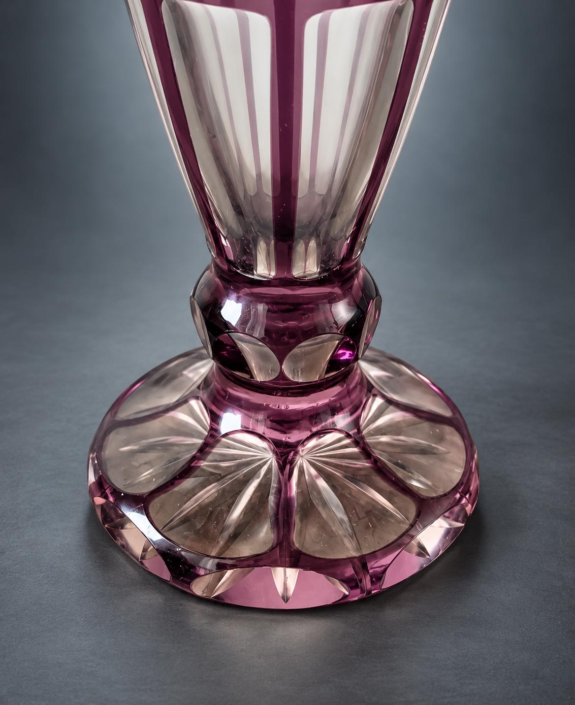 Amethyst Cut-to-Clear Glass Vase, Engraved Leaf Branch and Window Cuts, Sawtooth Rim, Bohemian Style, 26.5 cm