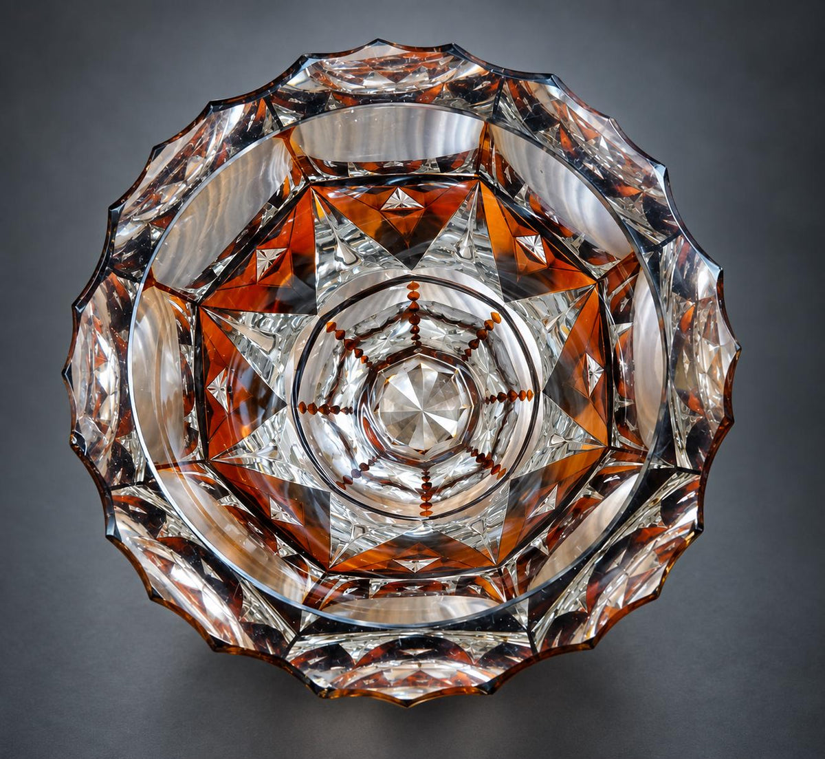 Art Deco Style Amber Cut-to-Clear Glass Vase, Heavy Geometric Cutting with Star Points, Hexagonal Foot