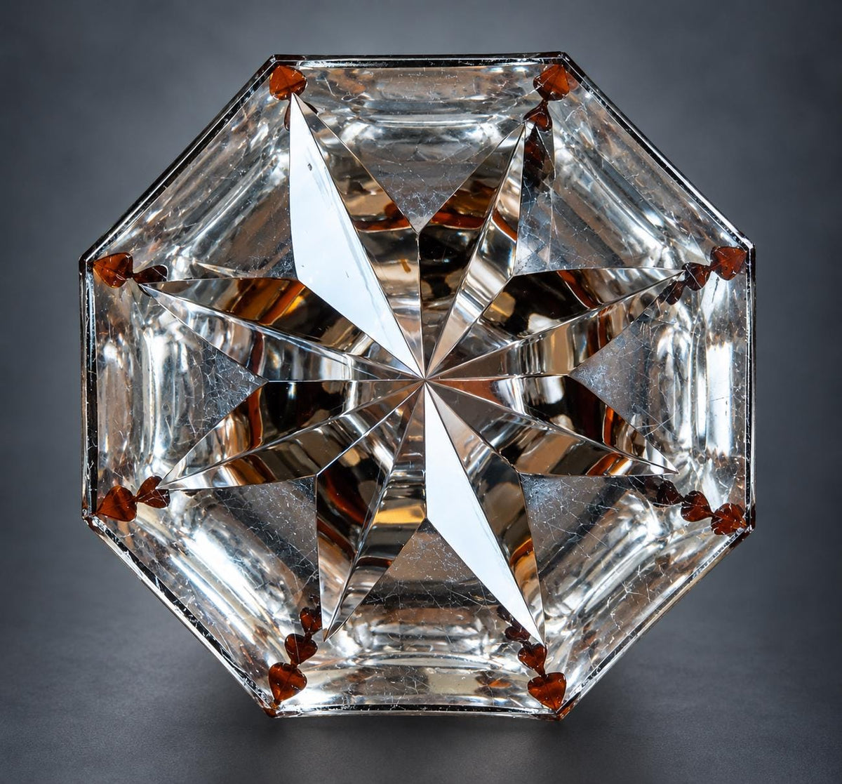 Art Deco Style Amber Cut-to-Clear Glass Vase, Heavy Geometric Cutting with Star Points, Hexagonal Foot