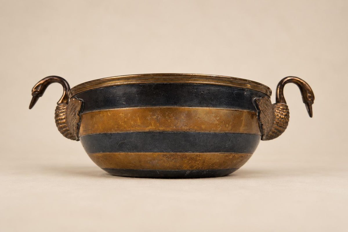 Vintage Brass and Silvered Metal Bowl, Swan Handles, Striped Two-Tone Body — Europe, mid-20th Century