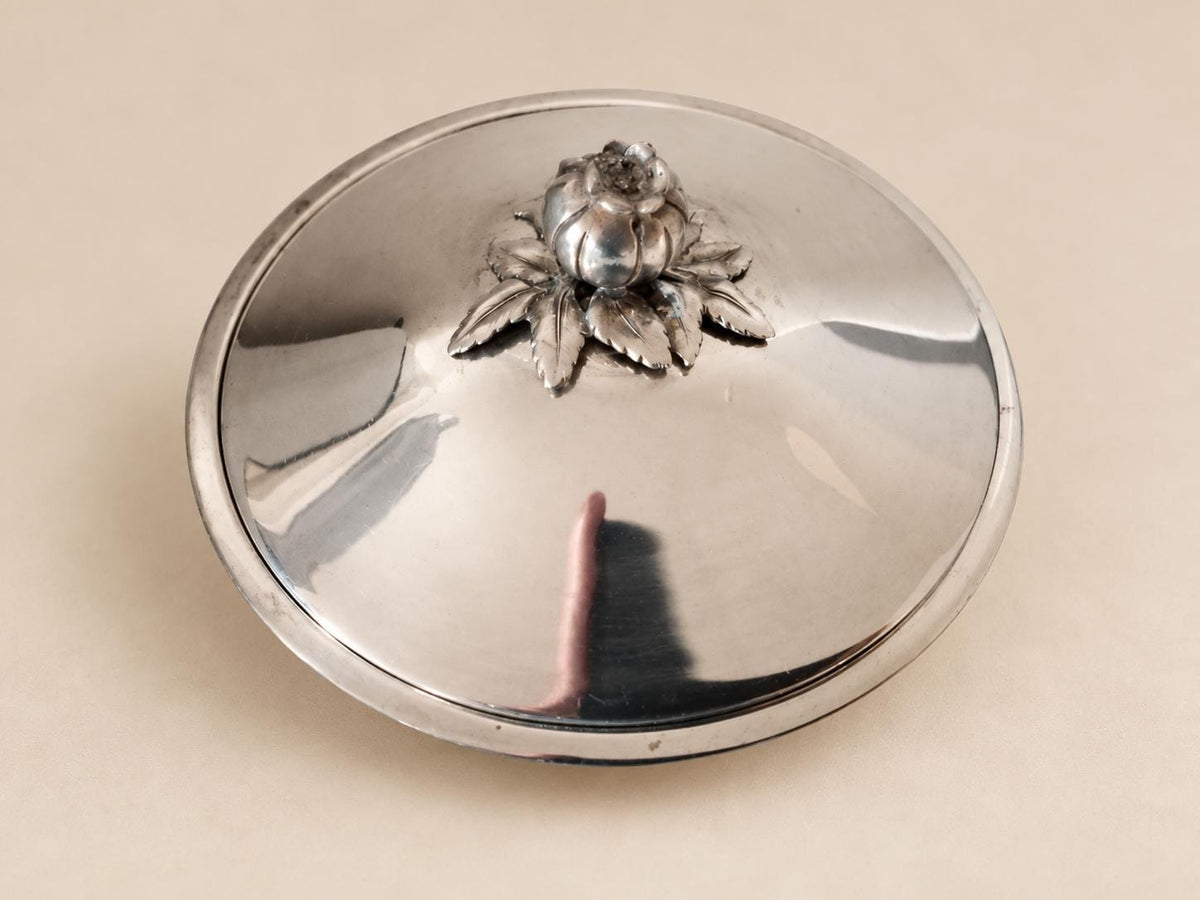 Silver-Plated Lidded Bonbonnière, Pomegranate Finial, Footed Bowl — Europe, Vintage