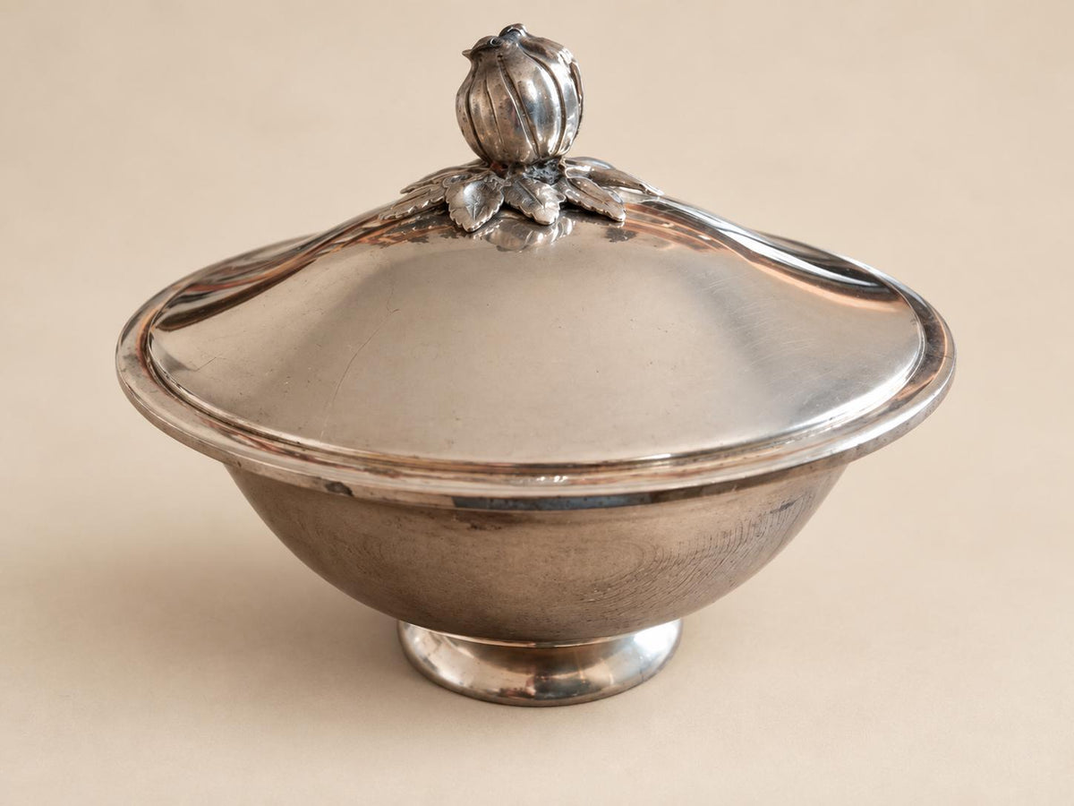 Silver-Plated Lidded Bonbonnière, Pomegranate Finial, Footed Bowl — Europe, Vintage