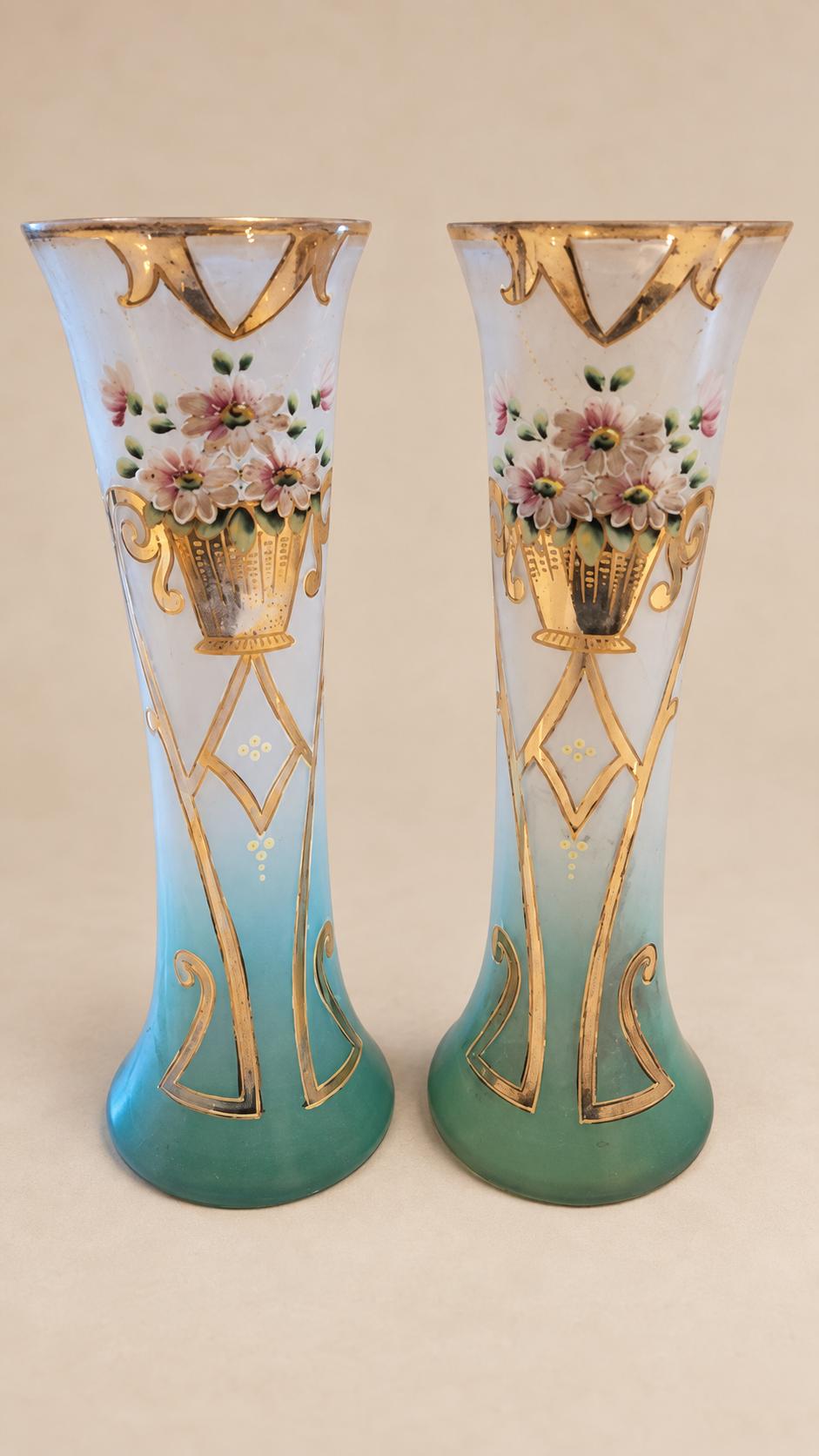 Pair of Antique Art Nouveau Enamelled Glass Vases, Floral Basket and Gilt Arabesques — Europe, circa 1900