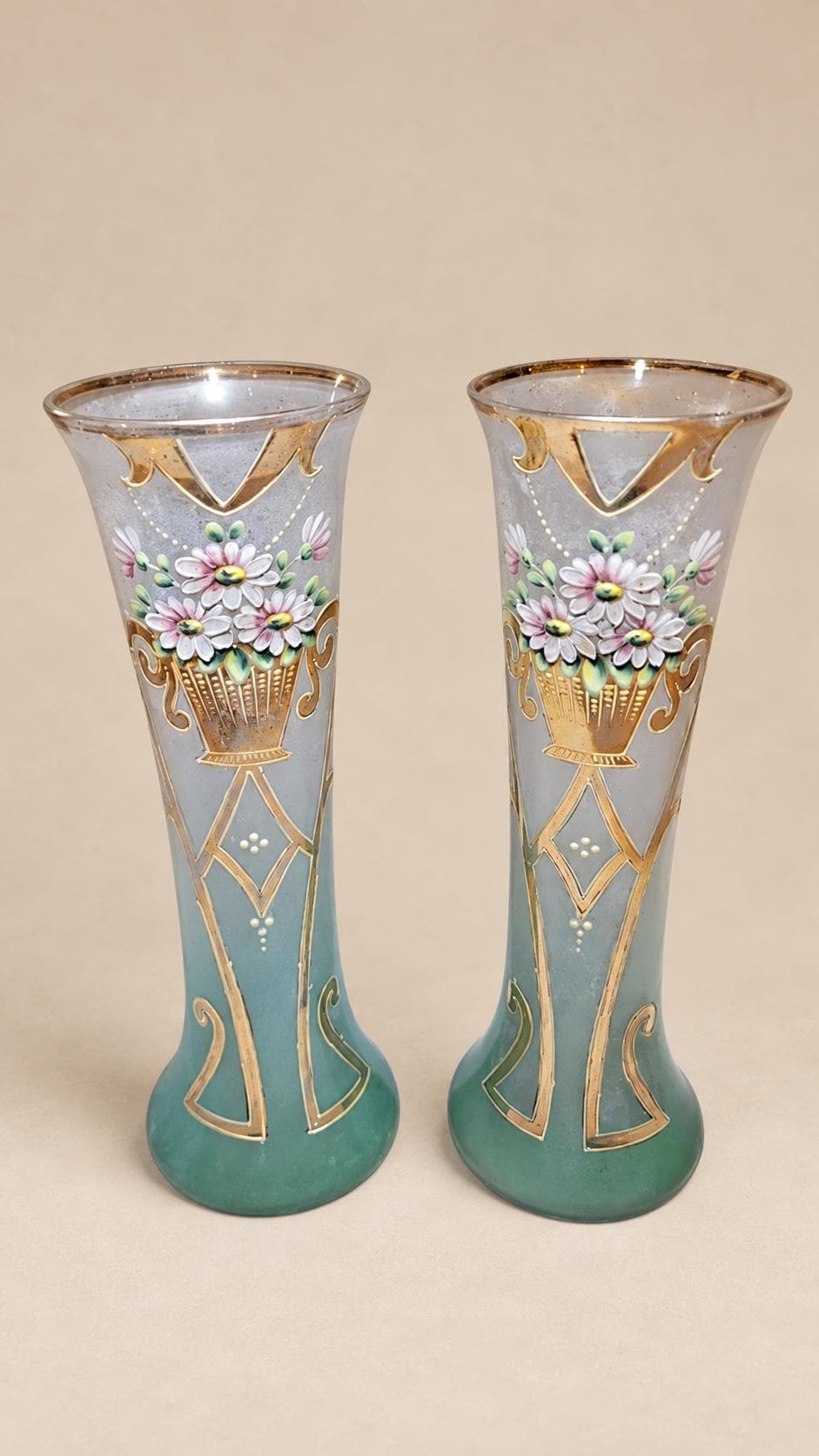 Pair of Antique Art Nouveau Enamelled Glass Vases, Floral Basket and Gilt Arabesques — Europe, circa 1900
