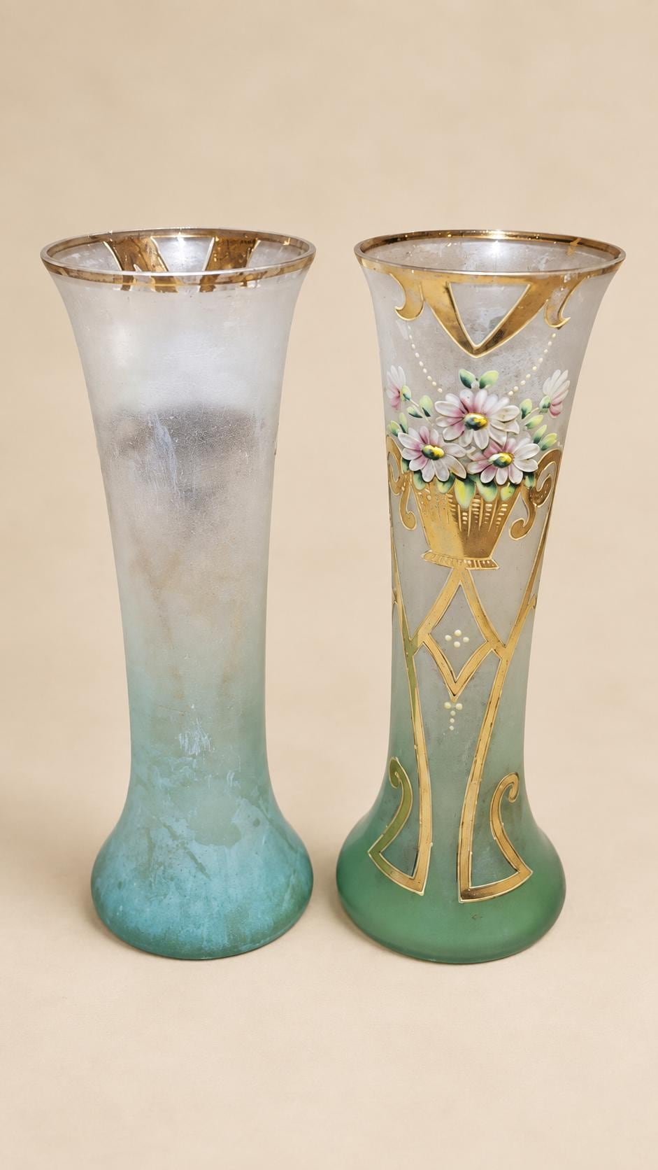 Pair of Antique Art Nouveau Enamelled Glass Vases, Floral Basket and Gilt Arabesques — Europe, circa 1900