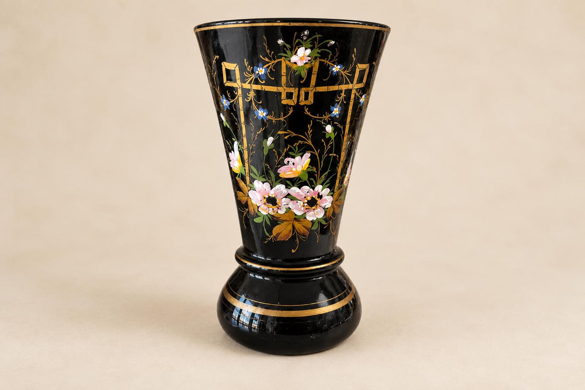 Antique French Black Opaline Glass Vase, Hand-Painted Flowers and Gilt Trellis, Napoleon III — France, 19th Century