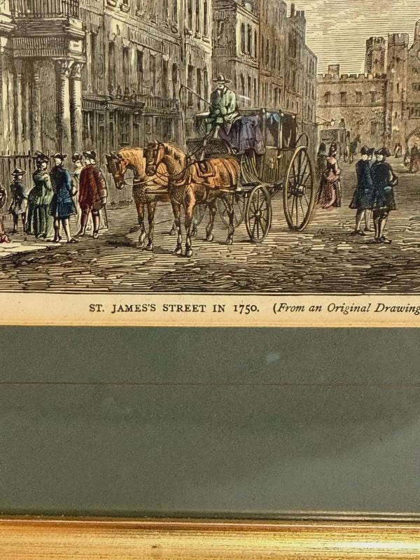 Antique Framed Engraving, St. James's Street London 1750, Hand-Coloured — England, 19th Century
