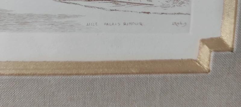 Pair of Framed Lille Prints After L. Robin, Gilt Frames with Fabric Mounts — France, 20th Century