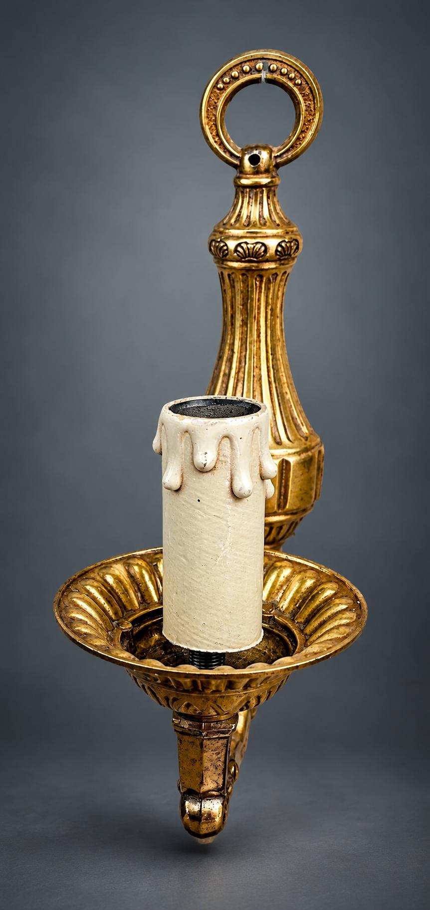 Pair of Louis XVI Style Single-Arm Wall Sconces, Gilt Metal with Acanthus Scroll Arms and Pine Cone Finials