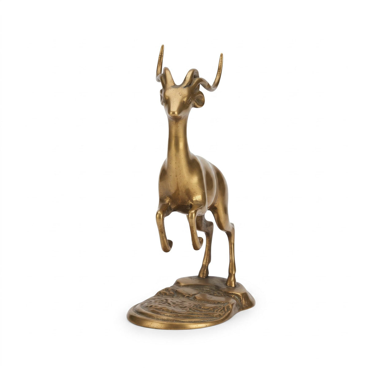 Leaping Gazelle Figure in Brass-Tone Metal on Naturalistic Base, 1960s–70s Style Mid-Century Animal Sculpture