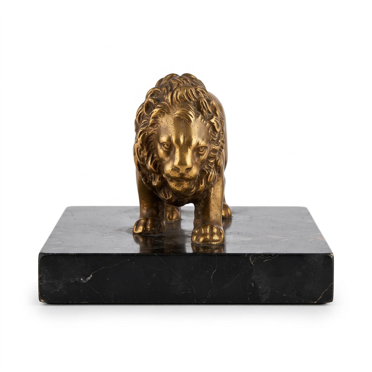 Grand Tour Style Walking Lion Figure, Patinated Gold-Tone Metal on Black Speckled Base, Desk Ornament or Paperweight