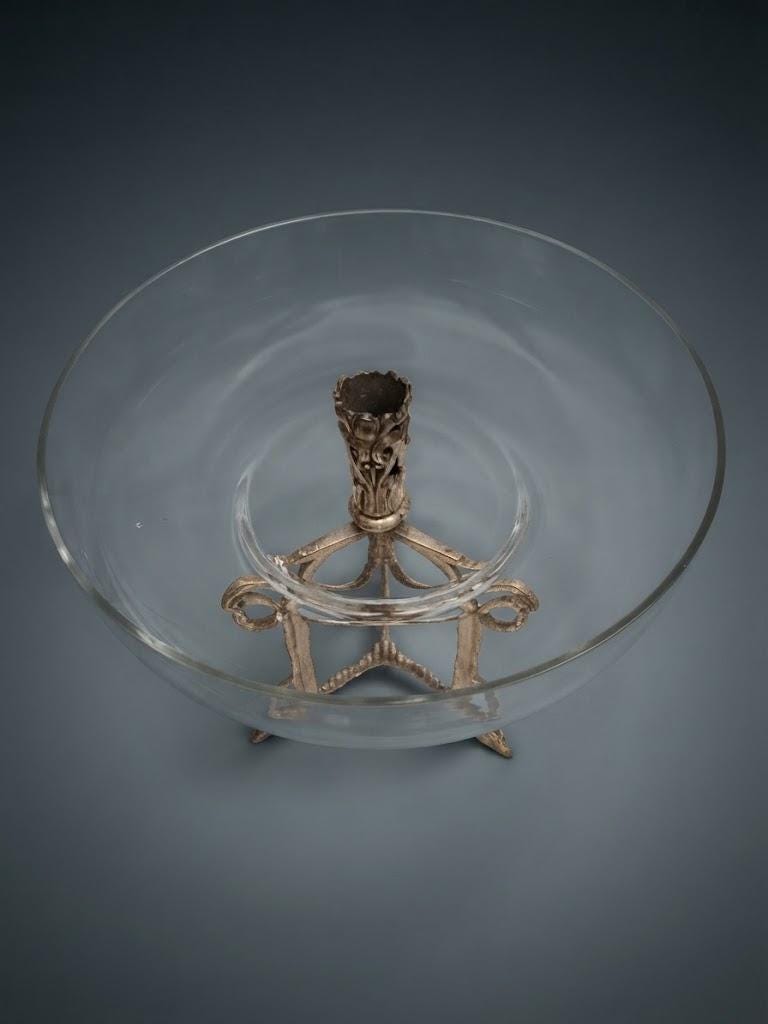 Louis XVI Style Glass Fruit Bowl Centrepiece on Champagne-Tone Metal Stand, Laurel Garlands and Ribbons