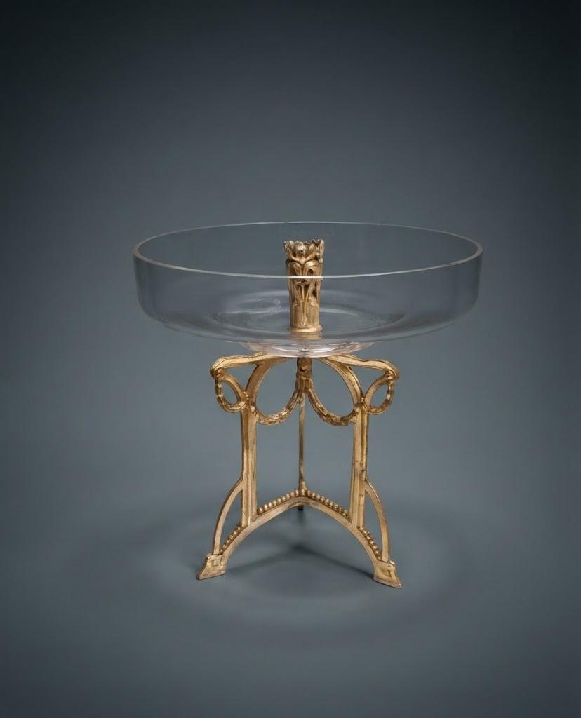 Louis XVI Style Glass Fruit Bowl Centrepiece on Champagne-Tone Metal Stand, Laurel Garlands and Ribbons