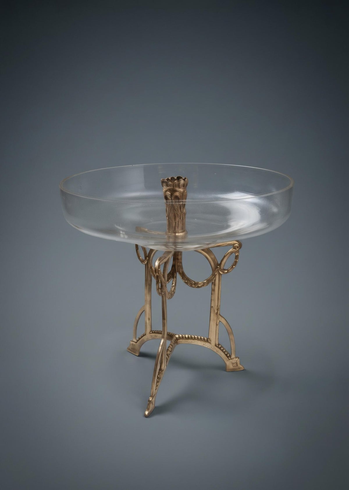 Louis XVI Style Glass Fruit Bowl Centrepiece on Champagne-Tone Metal Stand, Laurel Garlands and Ribbons