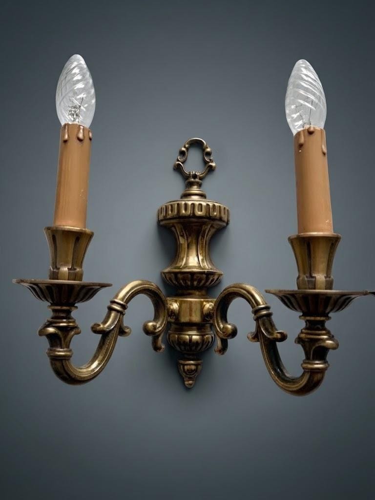Pair of French Vintage Style Two-Arm Wall Sconces, Bronze-Tone Metal Urn Bodies with Scrolled Arms and Candle Sleeves