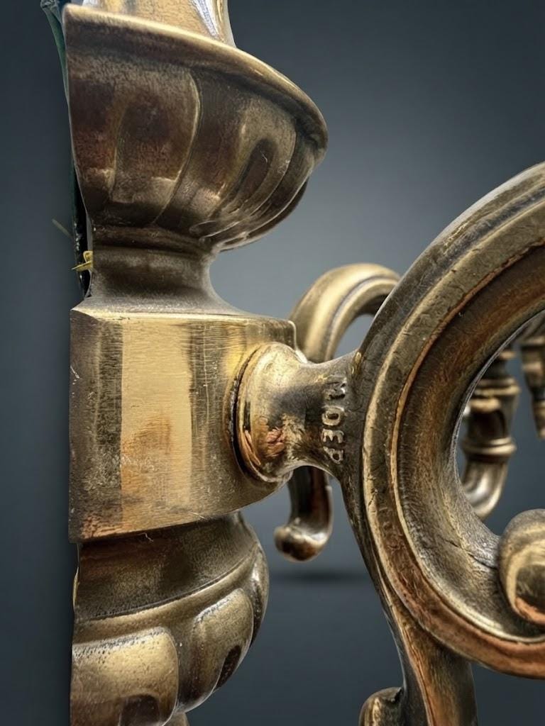 Pair of French Vintage Style Two-Arm Wall Sconces, Bronze-Tone Metal Urn Bodies with Scrolled Arms and Candle Sleeves