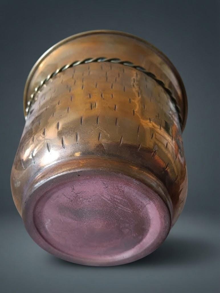 Copper-Tone Metal Cachepot with Brass-Tone Rope Bow and Tassels, Hammered Texture, Flared Rim Planter