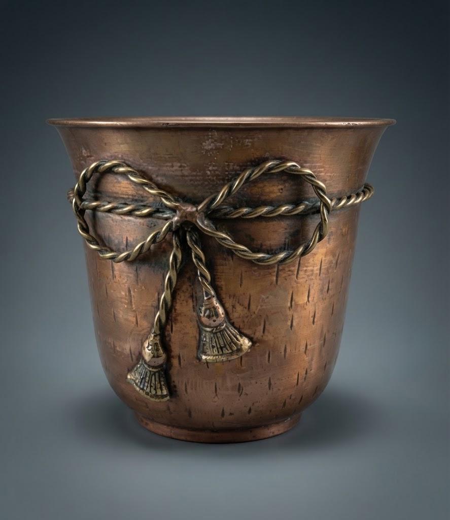 Copper-Tone Metal Cachepot with Brass-Tone Rope Bow and Tassels, Hammered Texture, Flared Rim Planter