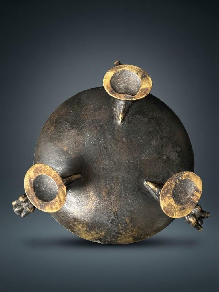 Small Patinated Metal Trinket Dish on Three Horned Animal Figure Legs, Mid-Century Style Ring and Jewelry Dish