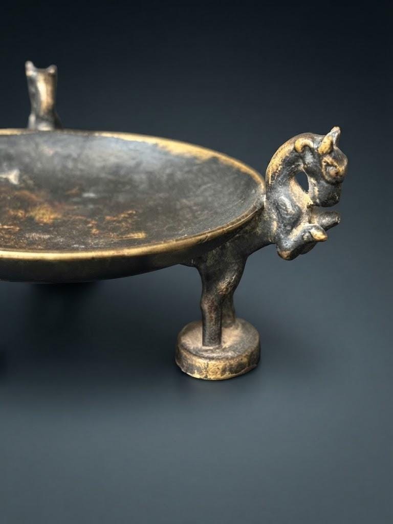 Small Patinated Metal Trinket Dish on Three Horned Animal Figure Legs, Mid-Century Style Ring and Jewelry Dish
