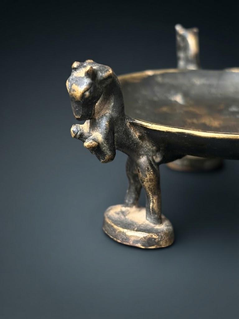 Small Patinated Metal Trinket Dish on Three Horned Animal Figure Legs, Mid-Century Style Ring and Jewelry Dish