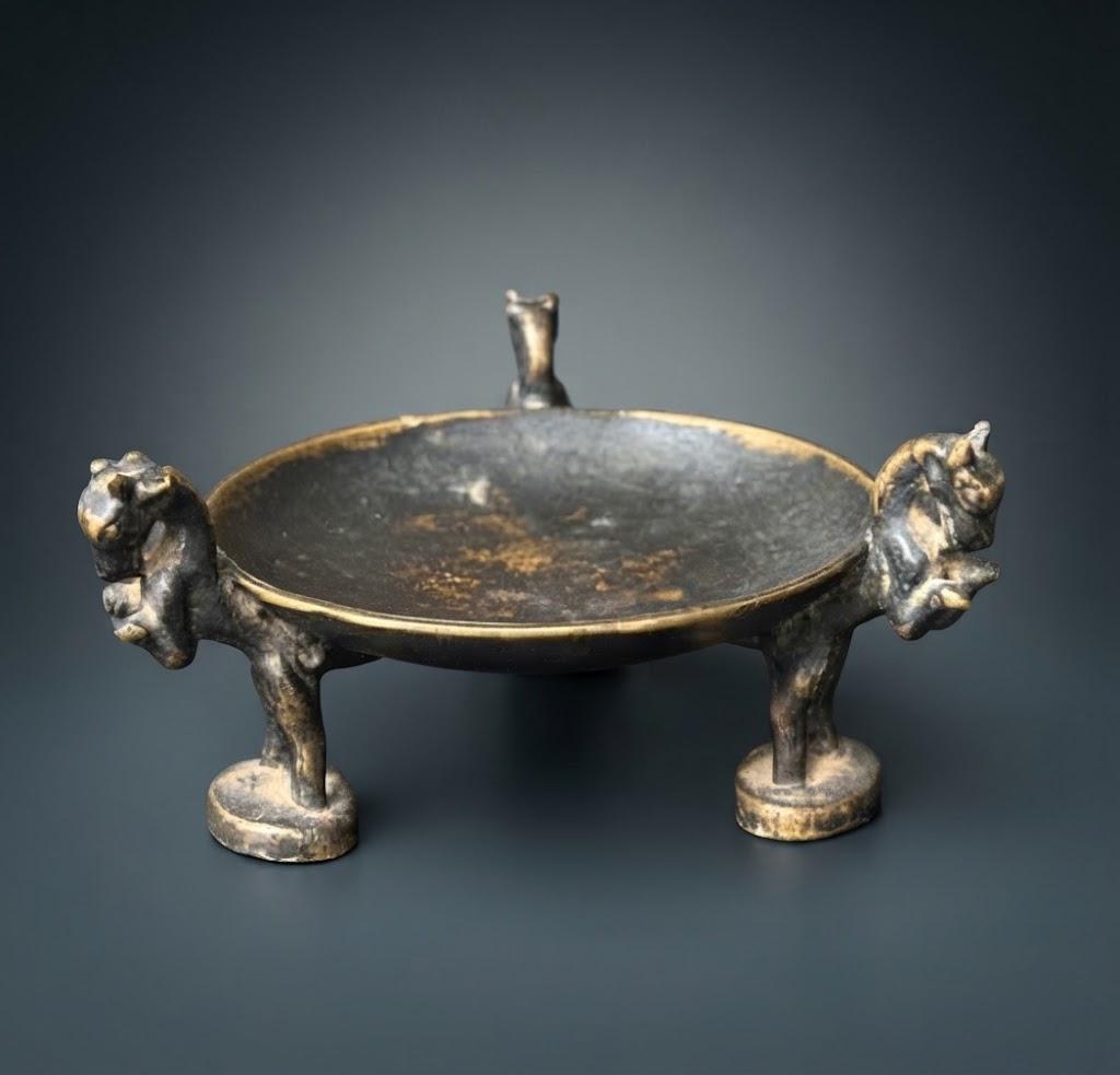 Small Patinated Metal Trinket Dish on Three Horned Animal Figure Legs, Mid-Century Style Ring and Jewelry Dish