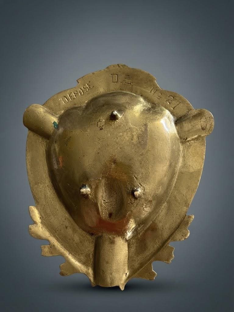 Brass-Tone Peacock Trinket Dish and Ashtray, Shield-Shaped with Scroll Border and Relief Tail Feathers, Art Nouveau Style