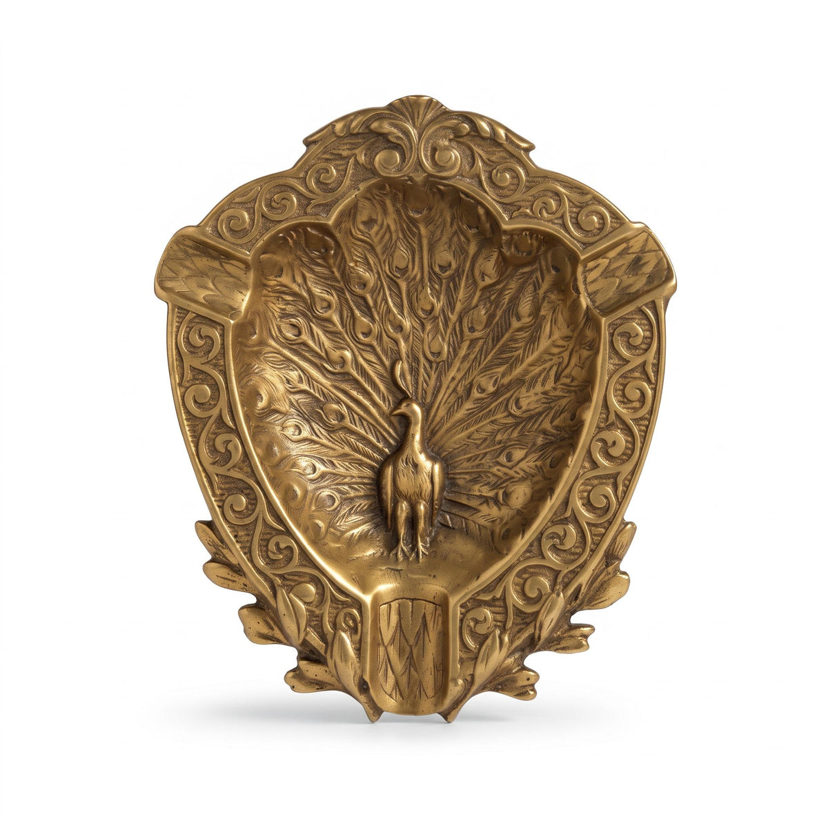 Brass-Tone Peacock Trinket Dish and Ashtray, Shield-Shaped with Scroll Border and Relief Tail Feathers, Art Nouveau Style