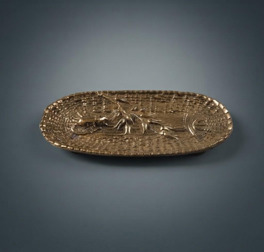 Small Brass-Tone Metal Trinket Tray with Mouse and Basketweave Relief, Oval Pin or Ring Dish, Belle Époque Style