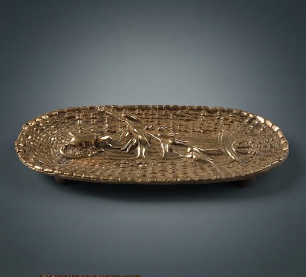 Small Brass-Tone Metal Trinket Tray with Mouse and Basketweave Relief, Oval Pin or Ring Dish, Belle Époque Style