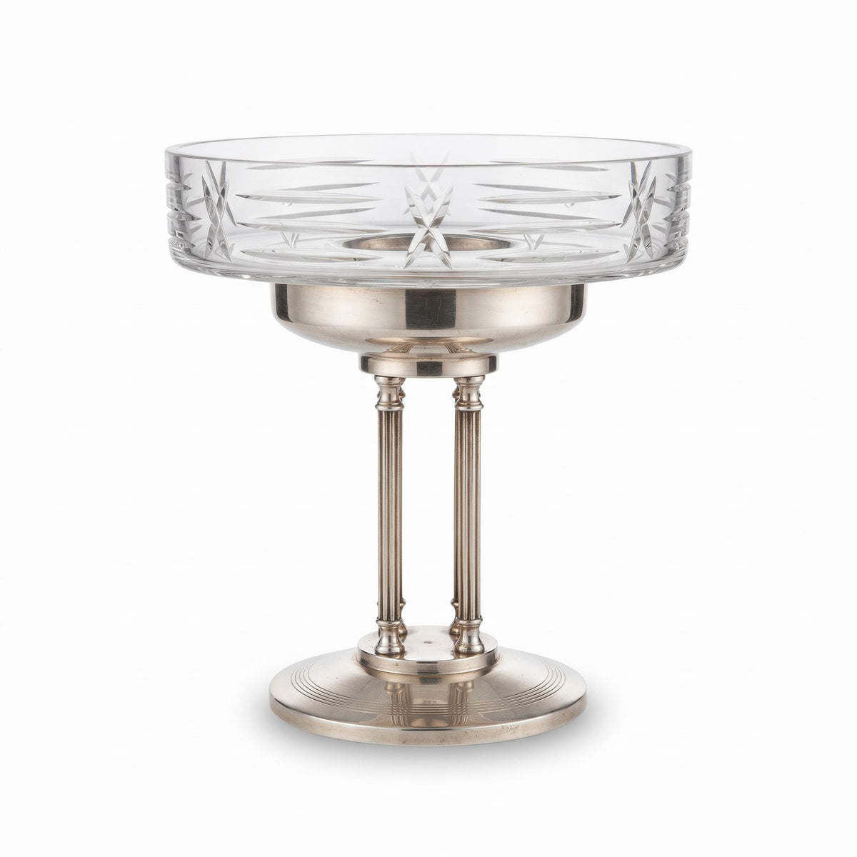 Antique French Art Deco Crystal Bowl on Silver-Plated Pedestal Stand — France, circa 1930