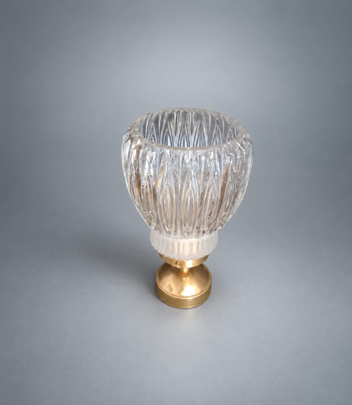 Vintage Brass Table Lamp, Ribbed Crystal Flower Shade — France, mid-20th Century