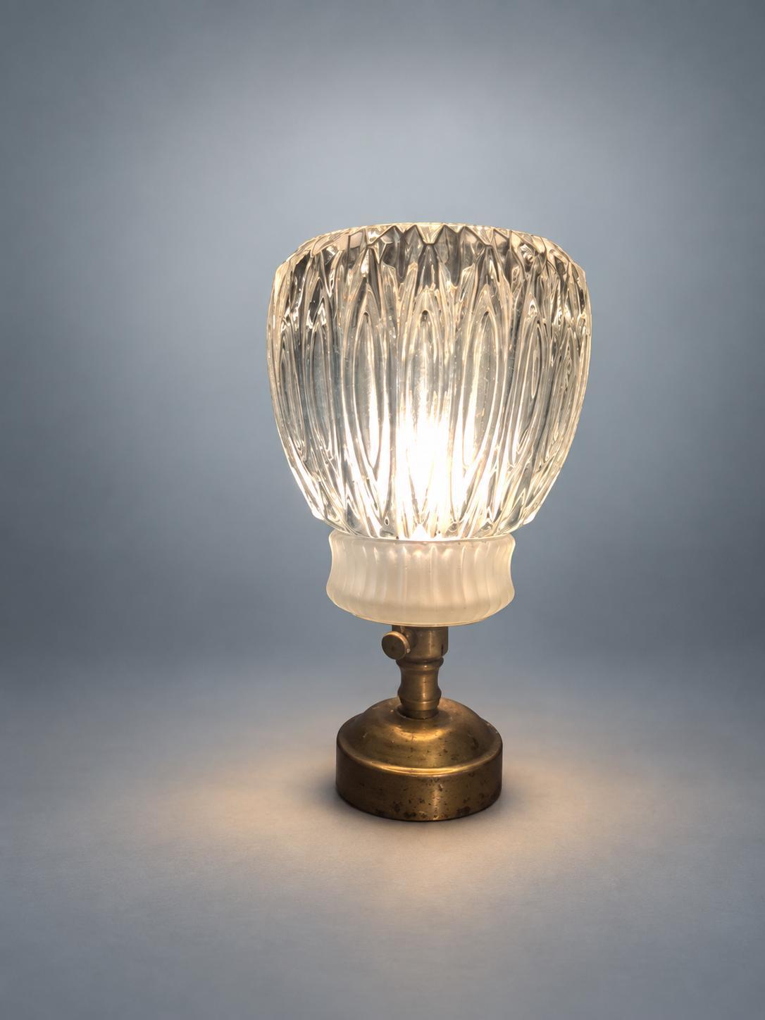 Vintage Brass Table Lamp, Ribbed Crystal Flower Shade — France, mid-20th Century