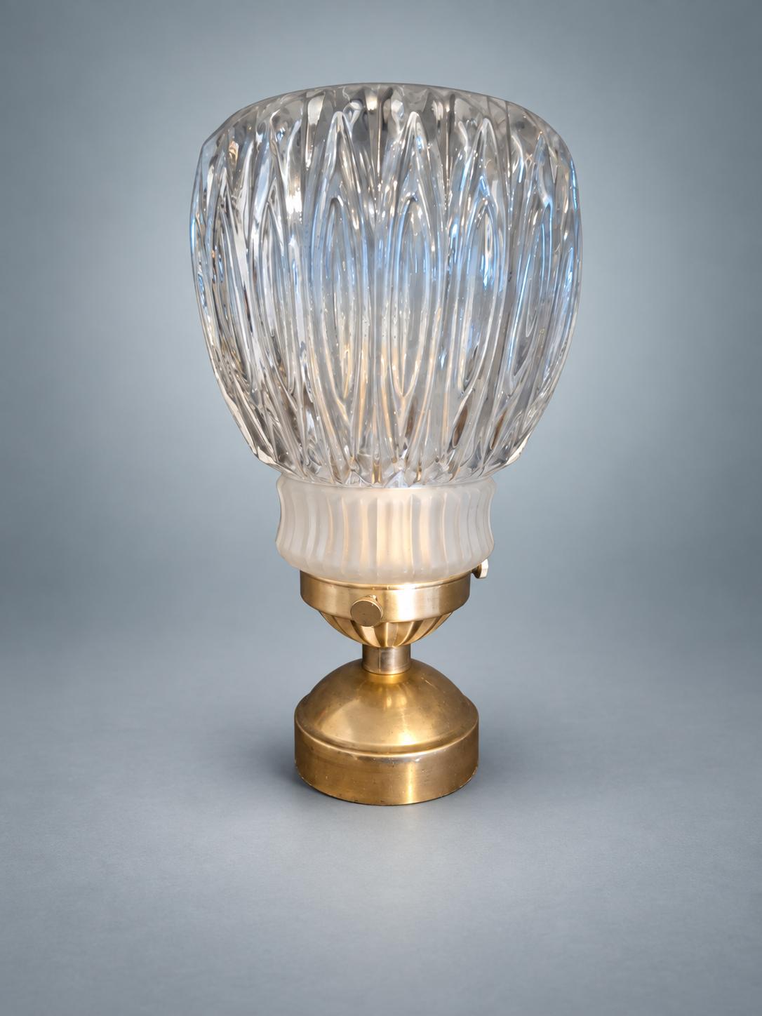 Vintage Brass Table Lamp, Ribbed Crystal Flower Shade — France, mid-20th Century