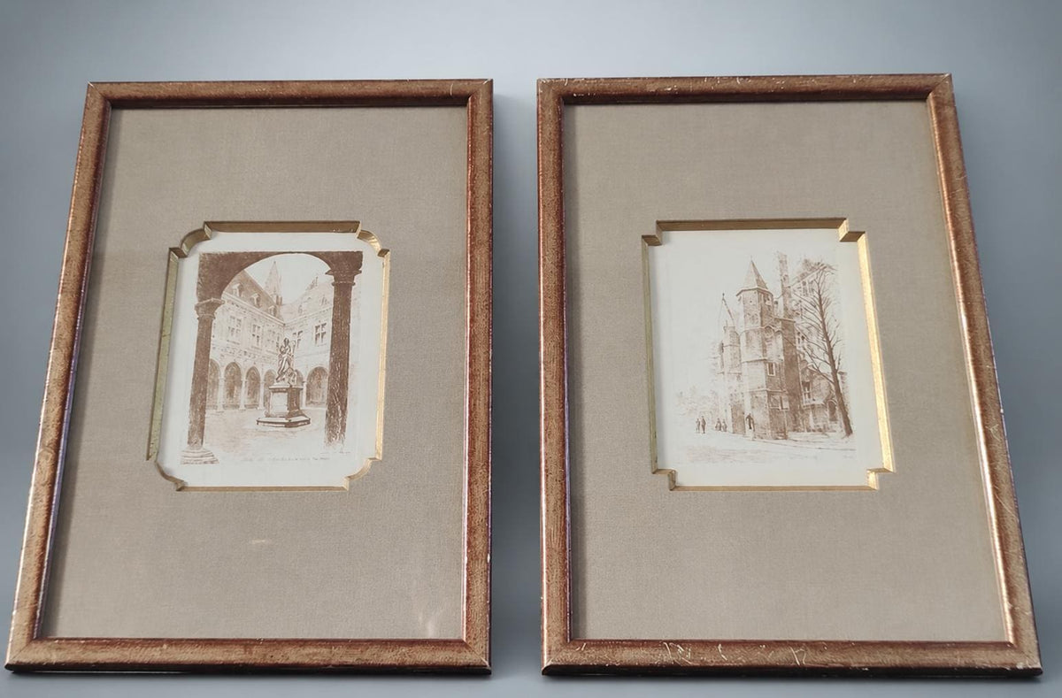 Pair of Framed Lille Prints After L. Robin, Gilt Frames with Fabric Mounts — France, 20th Century