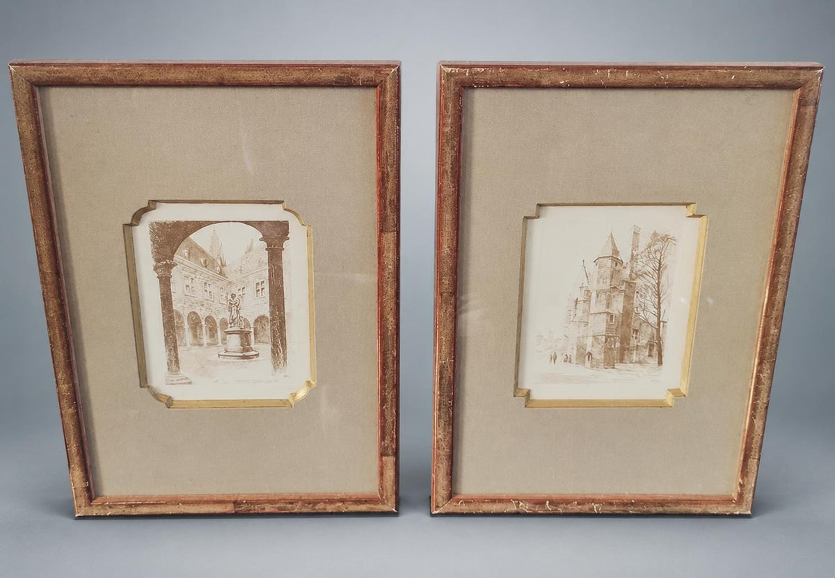 Pair of Framed Lille Prints After L. Robin, Gilt Frames with Fabric Mounts — France, 20th Century