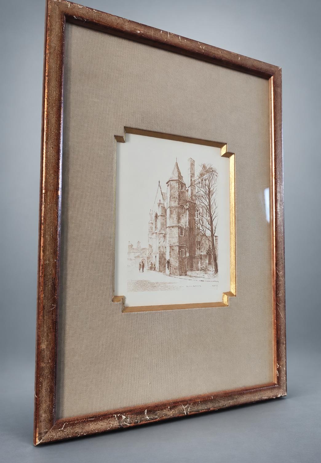 Pair of Framed Lille Prints After L. Robin, Gilt Frames with Fabric Mounts — France, 20th Century