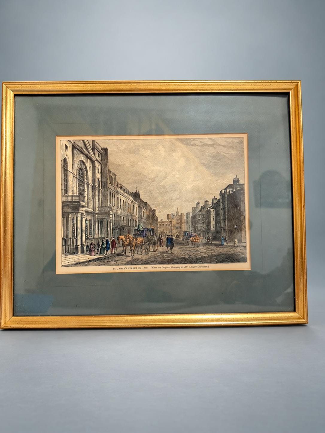 Antique Framed Engraving, St. James's Street London 1750, Hand-Coloured — England, 19th Century