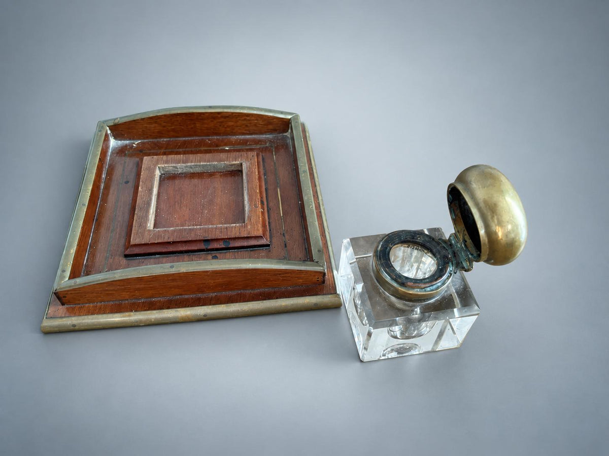 Antique Mahogany and Brass Desk Inkwell with Glass Pot — Europe, 19th Century