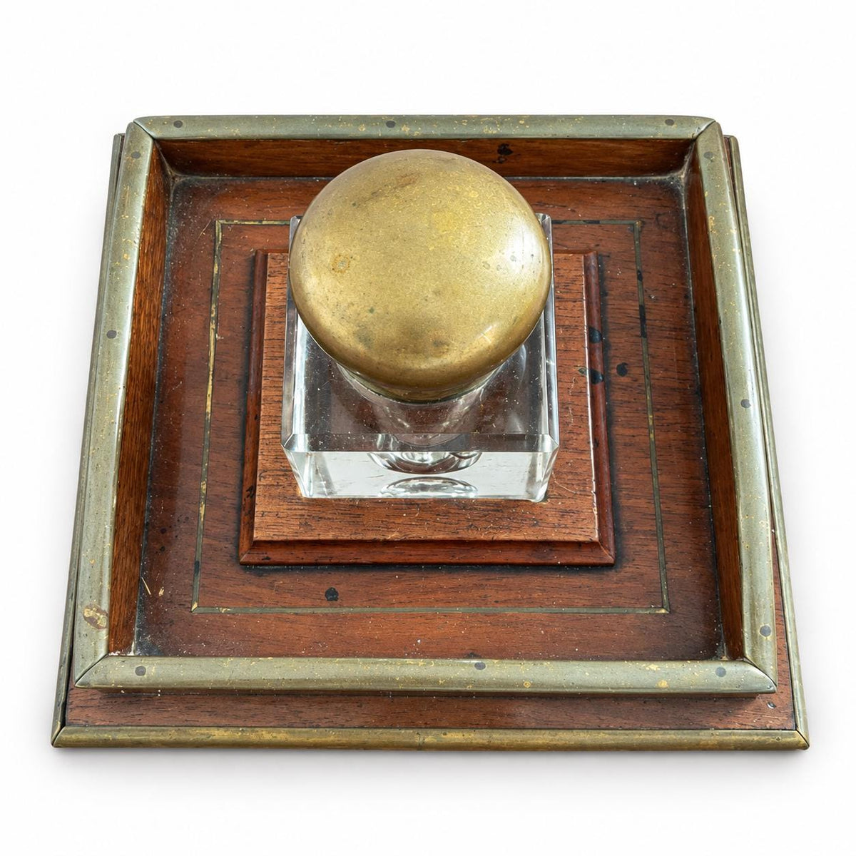 Antique Mahogany and Brass Desk Inkwell with Glass Pot — Europe, 19th Century