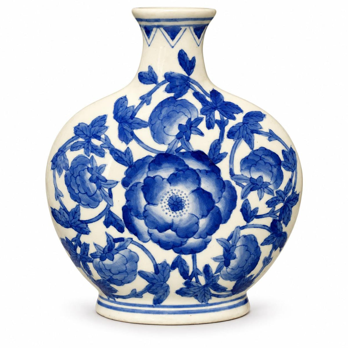 Blue and White Porcelain Vase, Peony Decoration, Marked Base — China, 20th Century