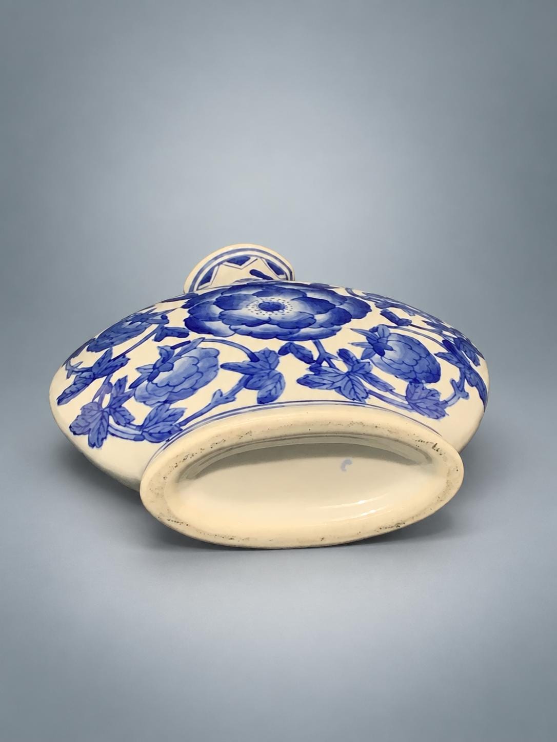 Blue and White Porcelain Vase, Peony Decoration, Marked Base — China, 20th Century