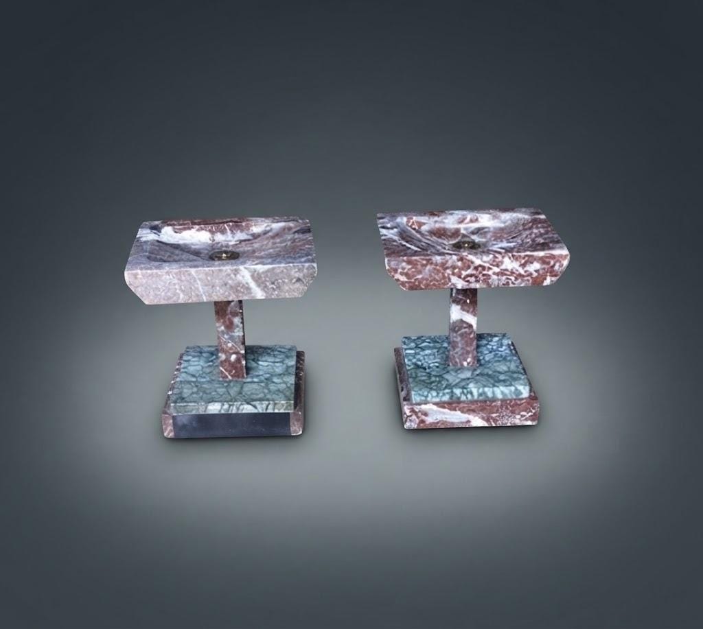 Pair of Art Deco Marble Pedestal Stands, Rose and Green Marble — Europe, Vintage