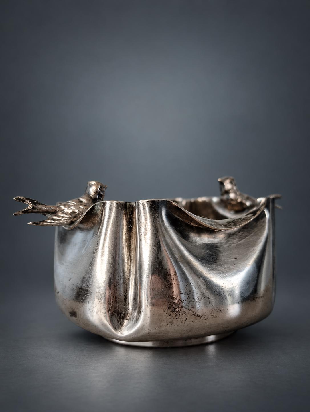 Antique Silver-Plated Trinket Dish with Swallows, Art Nouveau — France, Late 19th Century