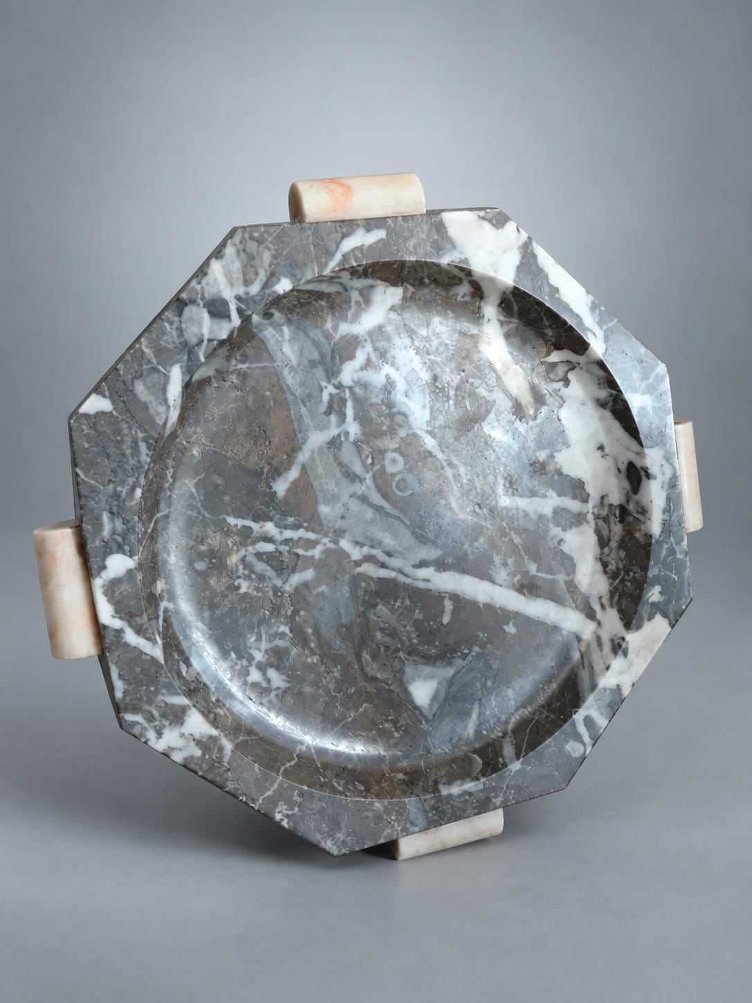 Art Deco Marble Bowl on Four Marble Feet, Grey and Cream — Europe, Vintage