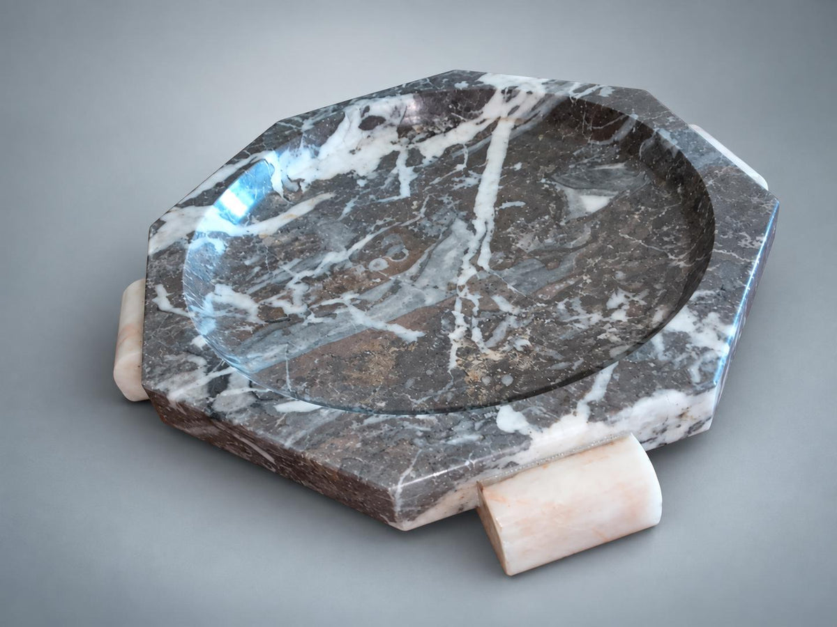 Art Deco Marble Bowl on Four Marble Feet, Grey and Cream — Europe, Vintage